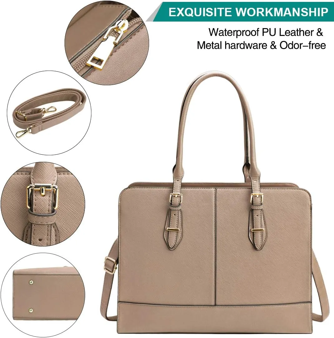Laptop Bag for Women Leather Work Tote 15.6 Inch Laptop for Computer Bag Waterproof Business Office Professional Large Capacity Handbag Shoulder Bag khaki