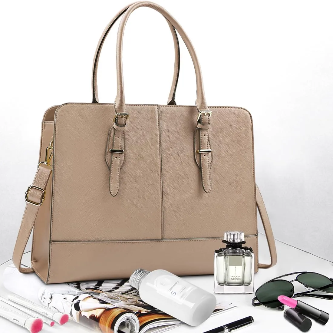 Laptop Bag for Women Leather Work Tote 15.6 Inch Laptop for Computer Bag Waterproof Business Office Professional Large Capacity Handbag Shoulder Bag khaki