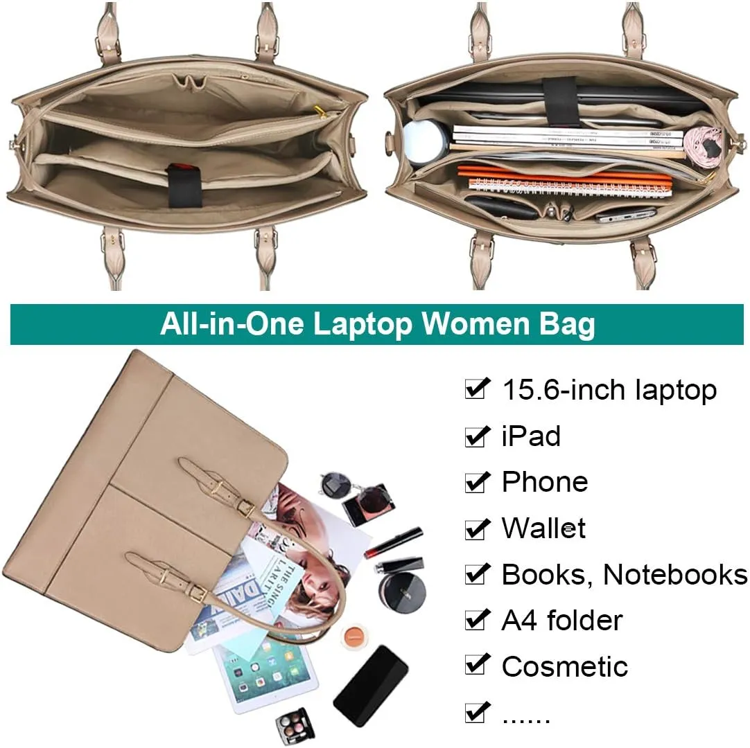 Laptop Bag for Women Leather Work Tote 15.6 Inch Laptop for Computer Bag Waterproof Business Office Professional Large Capacity Handbag Shoulder Bag khaki