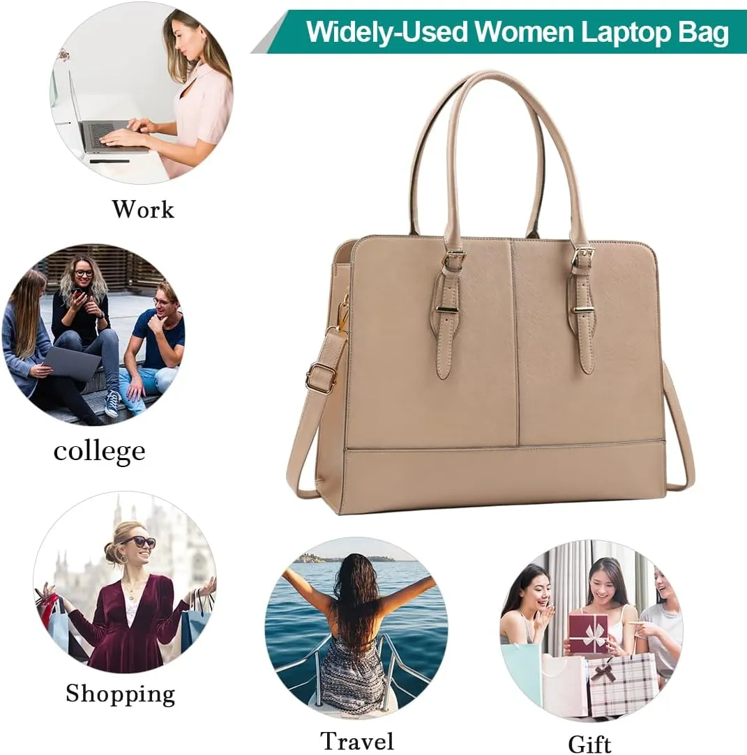 Laptop Bag for Women Leather Work Tote 15.6 Inch Laptop for Computer Bag Waterproof Business Office Professional Large Capacity Handbag Shoulder Bag khaki