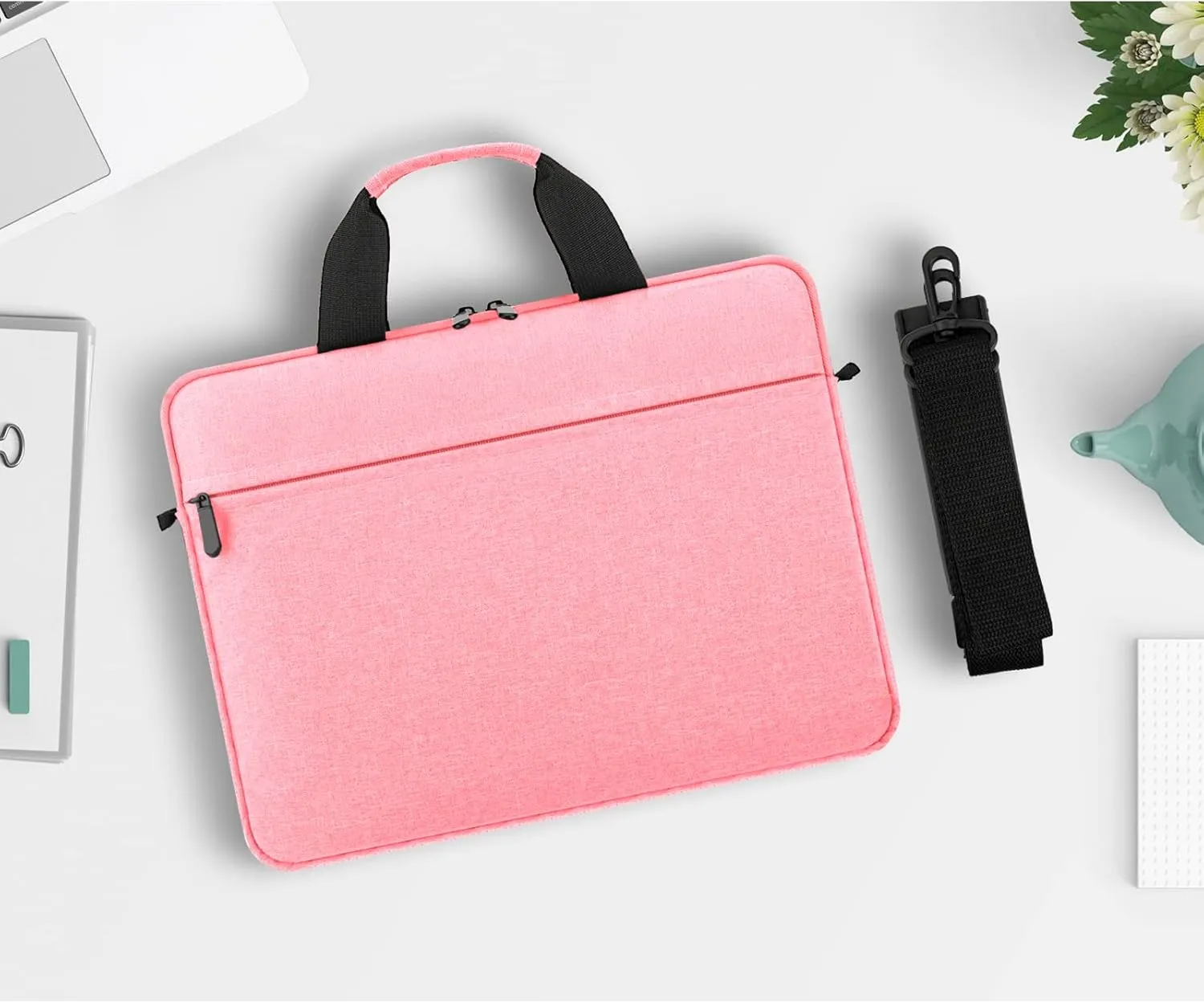 Laptop Case Shoulder Bag for 14 Inch MacBook Pro, 15 Inch MacBook Pro/Air, 14-15 Inch Laptop Computer, Protective Polyester Computer Portable Bag Briefcase with Handle, Pink