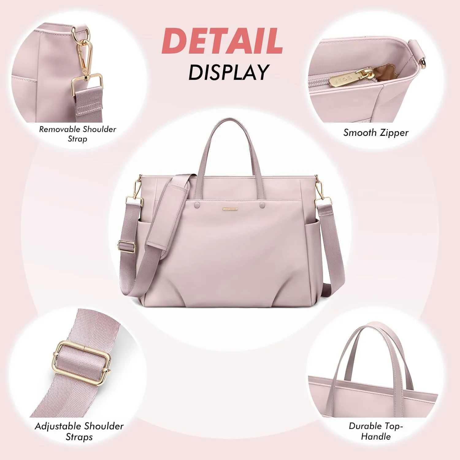 Laptop Shoulder Bag 14 Inch, Computer Shoulder Bag Large Work Tote Bag for Women, Laptop Carrying Case Stylish Handbag for Business Travel (Pinkish Grey)