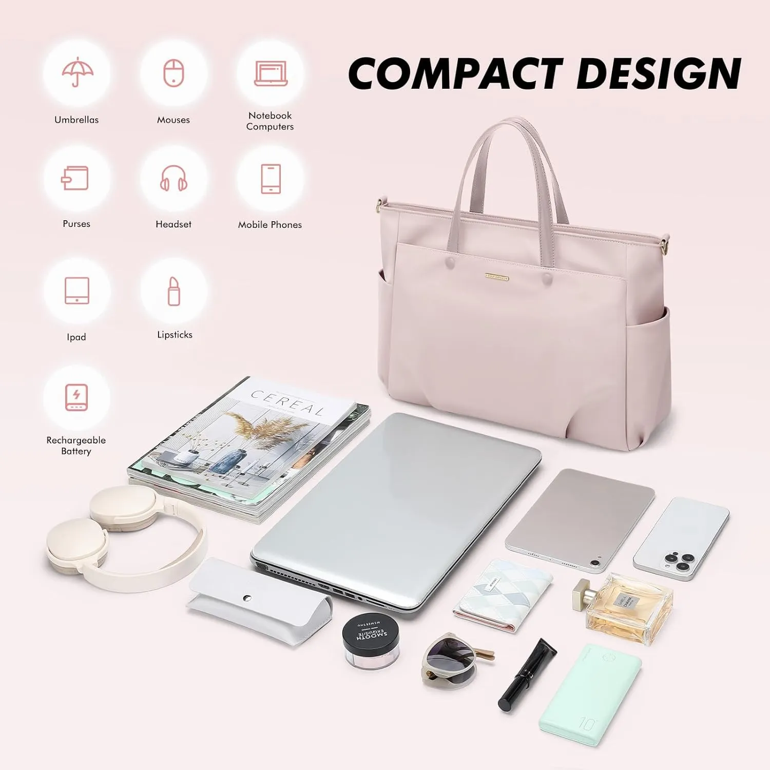 Laptop Shoulder Bag 14 Inch, Computer Shoulder Bag Large Work Tote Bag for Women, Laptop Carrying Case Stylish Handbag for Business Travel (Pinkish Grey)