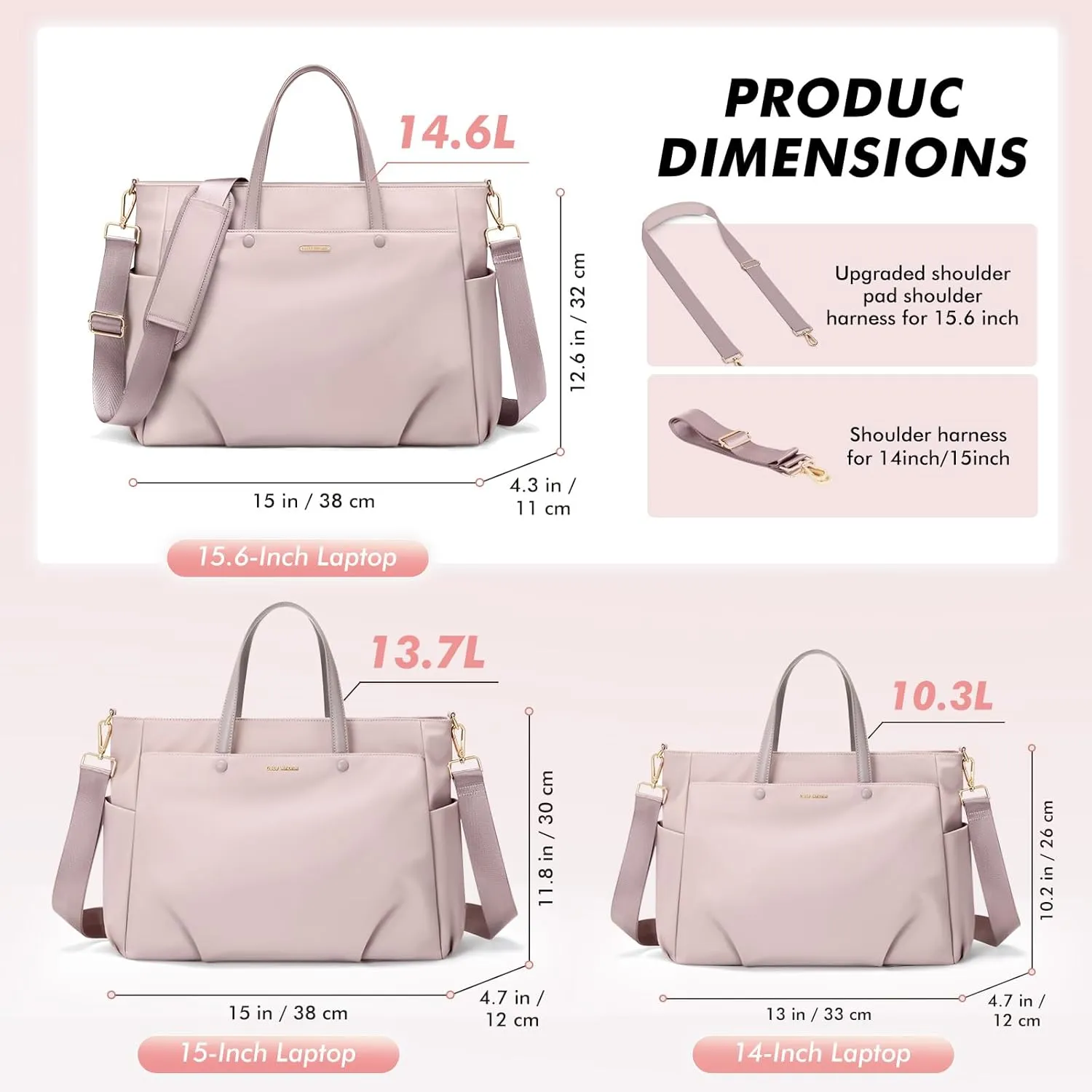 Laptop Shoulder Bag 14 Inch, Computer Shoulder Bag Large Work Tote Bag for Women, Laptop Carrying Case Stylish Handbag for Business Travel (Pinkish Grey)