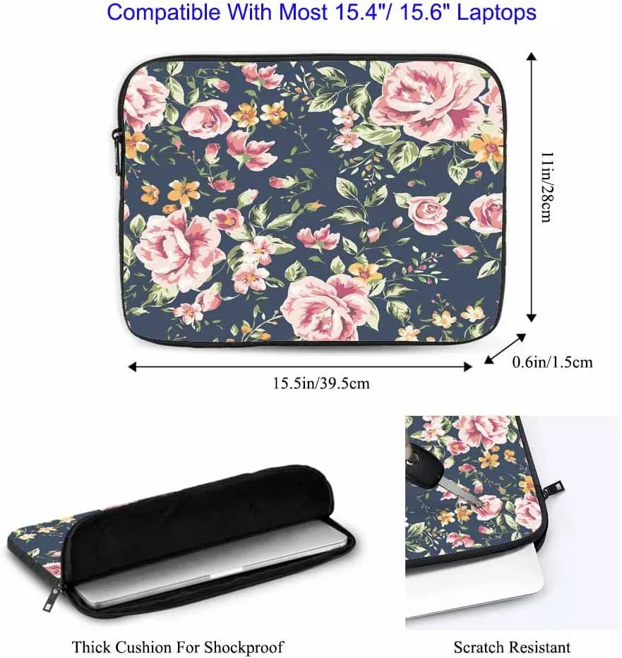 Laptop Sleeve Bag 15.4 15.6 Inch,Vintage Pink Flower Rose Retro Floral Protective Polyester Computer Cases Laptop Cover Briefcase Bag Tablet Travel Cover