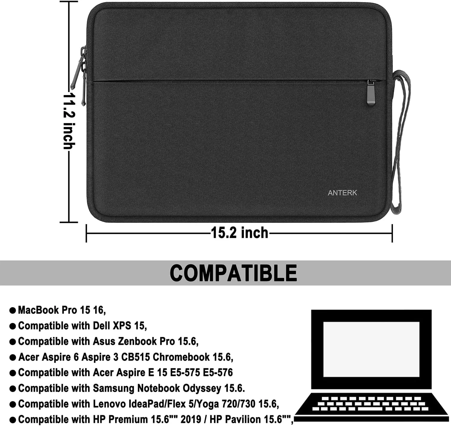 Laptop Sleeve Case 15.6 Inch, Water Resistant Shockproof Protective Computer Cover with Handle, Traveling Carrying Bag with Pocket, Portable Laptop Case Compatible for HP, Dell, Asus, Lenovo, Black