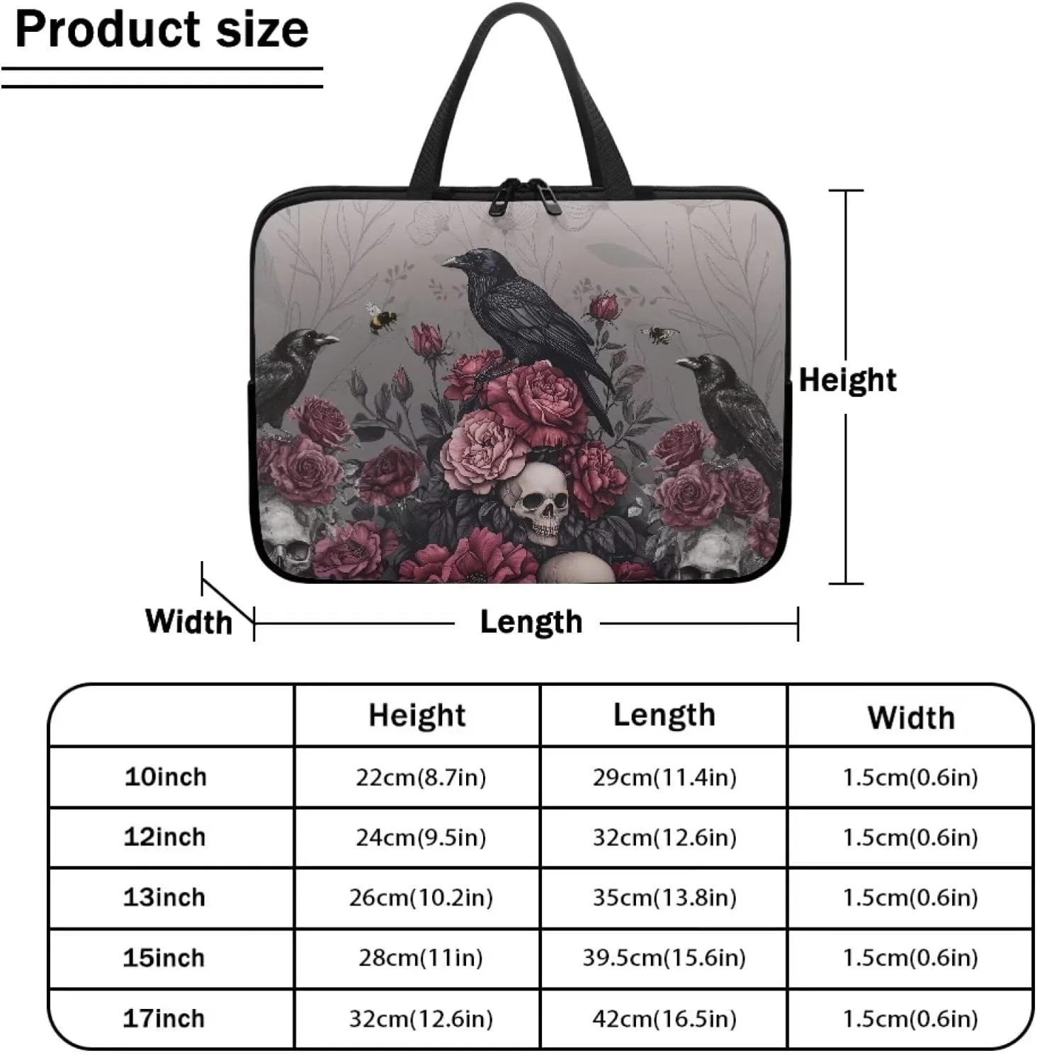 Laptop Sleeve Case Portable Computer Cover Compatible with 10-17 Inch Tablet Black Raven Floral Skull Print 360° Protective Carrying Bag Briefcase for Women Men, 15inch