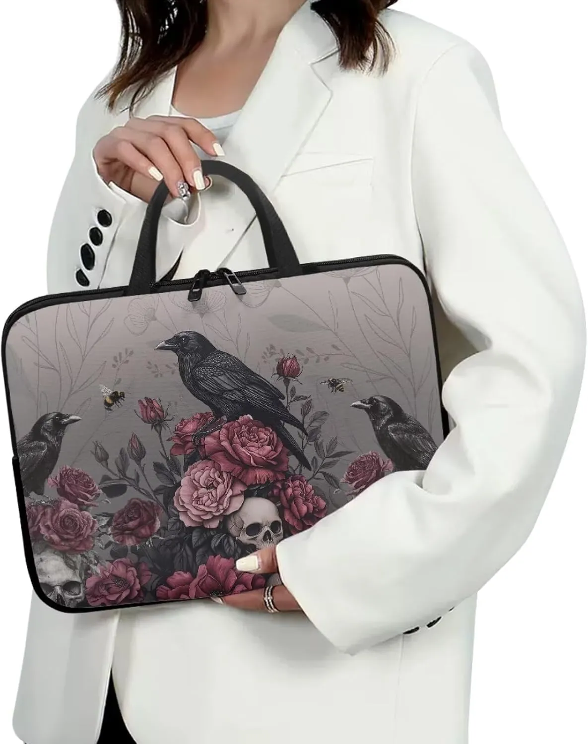 Laptop Sleeve Case Portable Computer Cover Compatible with 10-17 Inch Tablet Black Raven Floral Skull Print 360° Protective Carrying Bag Briefcase for Women Men, 15inch