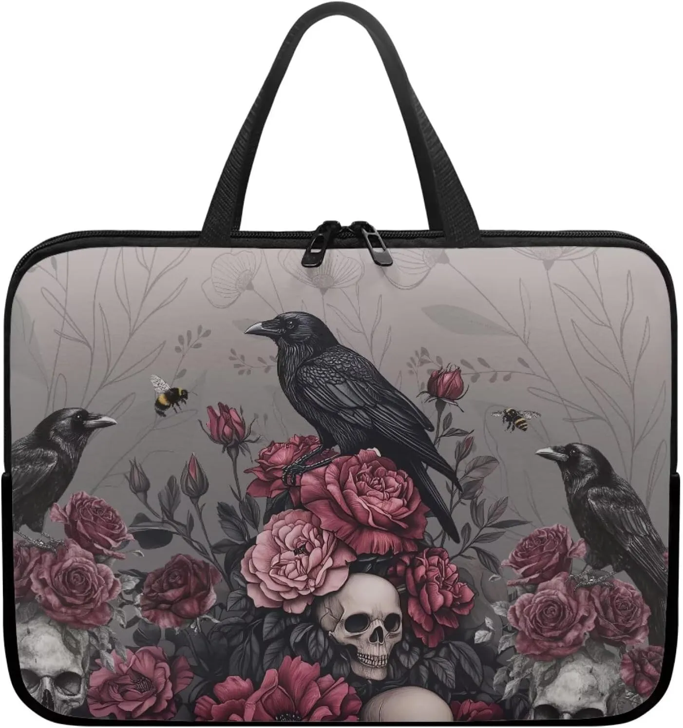 Laptop Sleeve Case Portable Computer Cover Compatible with 10-17 Inch Tablet Black Raven Floral Skull Print 360° Protective Carrying Bag Briefcase for Women Men, 15inch