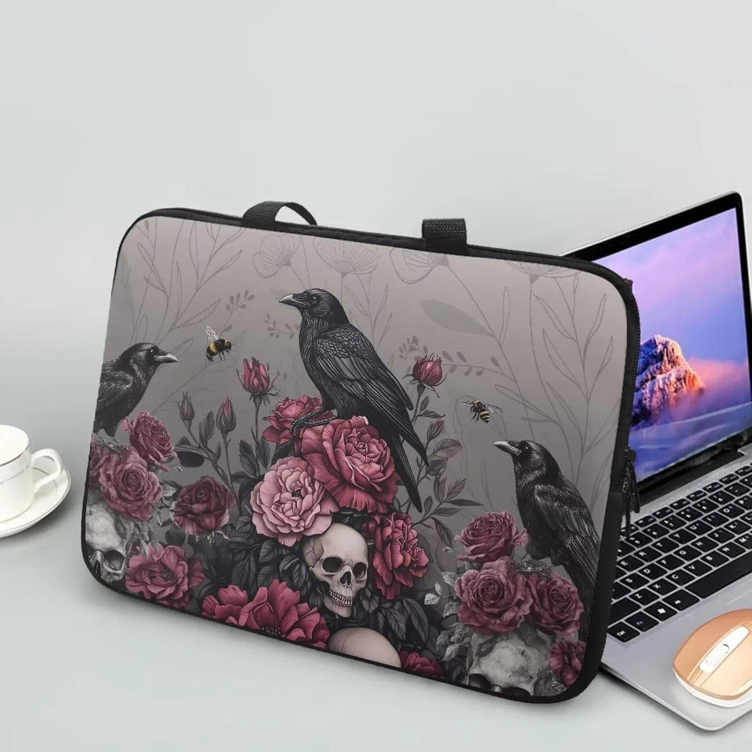 Laptop Sleeve Case Portable Computer Cover Compatible with 10-17 Inch Tablet Black Raven Floral Skull Print 360° Protective Carrying Bag Briefcase for Women Men, 15inch