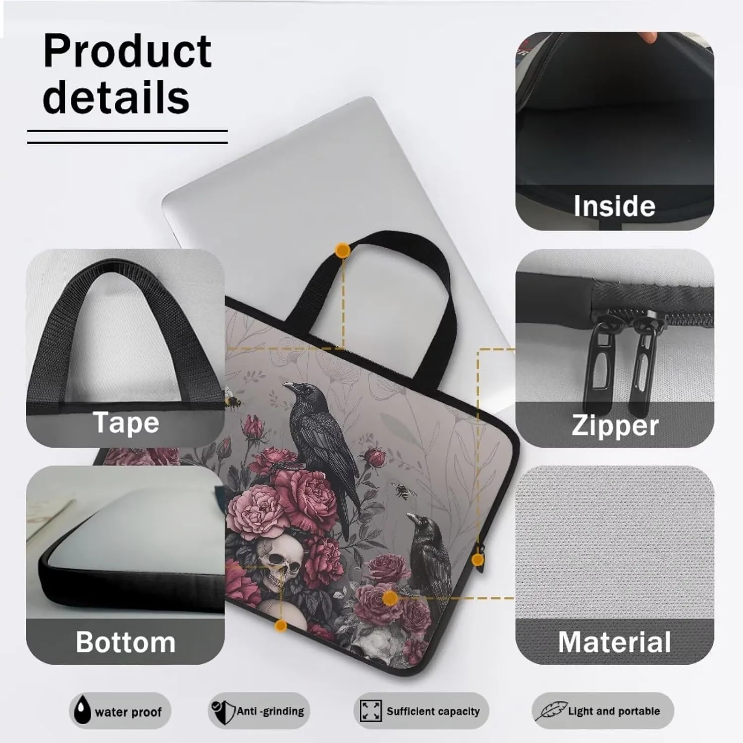 Laptop Sleeve Case Portable Computer Cover Compatible with 10-17 Inch Tablet Black Raven Floral Skull Print 360° Protective Carrying Bag Briefcase for Women Men, 15inch