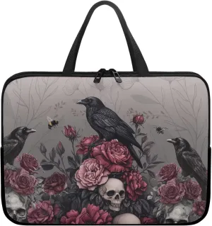 Laptop Sleeve Case Portable Computer Cover Compatible with 10-17 Inch Tablet Black Raven Floral Skull Print 360° Protective Carrying Bag Briefcase for Women Men, 15inch