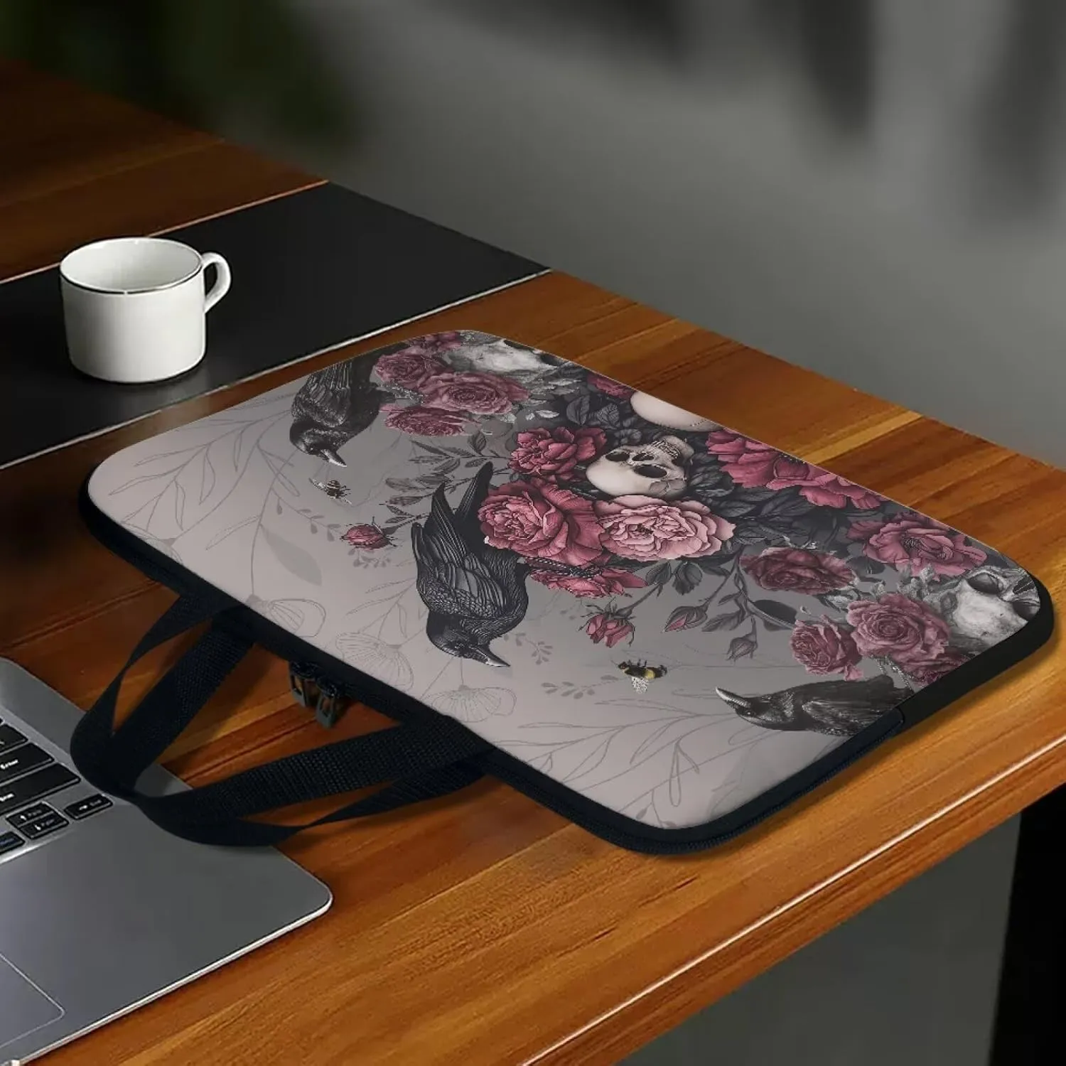 Laptop Sleeve Case Portable Computer Cover Compatible with 10-17 Inch Tablet Black Raven Floral Skull Print 360° Protective Carrying Bag Briefcase for Women Men, 15inch