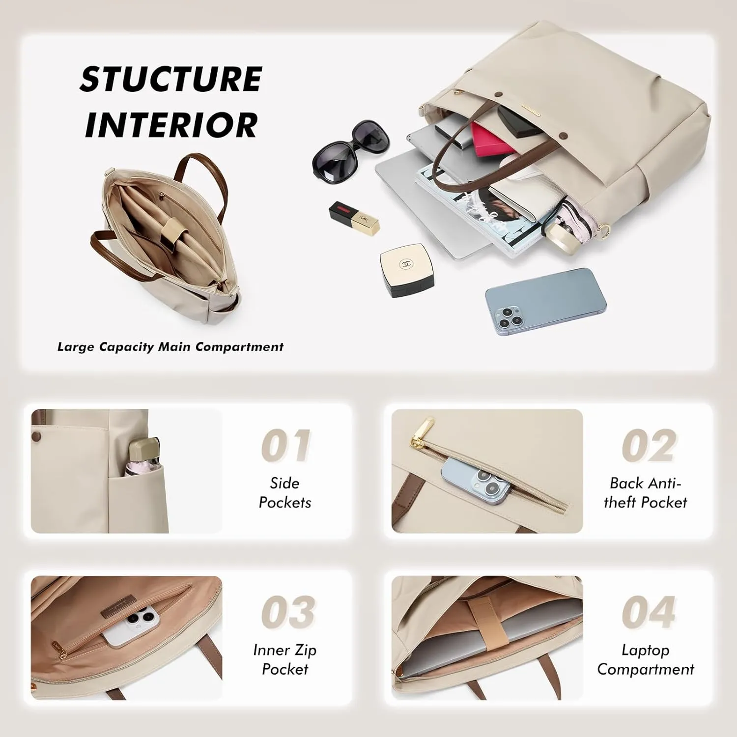 Laptop Tote Bag 15 Inch, Computer Shoulder Bag Large Work Tote Bag for Women, Laptop Carrying Case Stylish Handbag for Business Travel (Apricot)