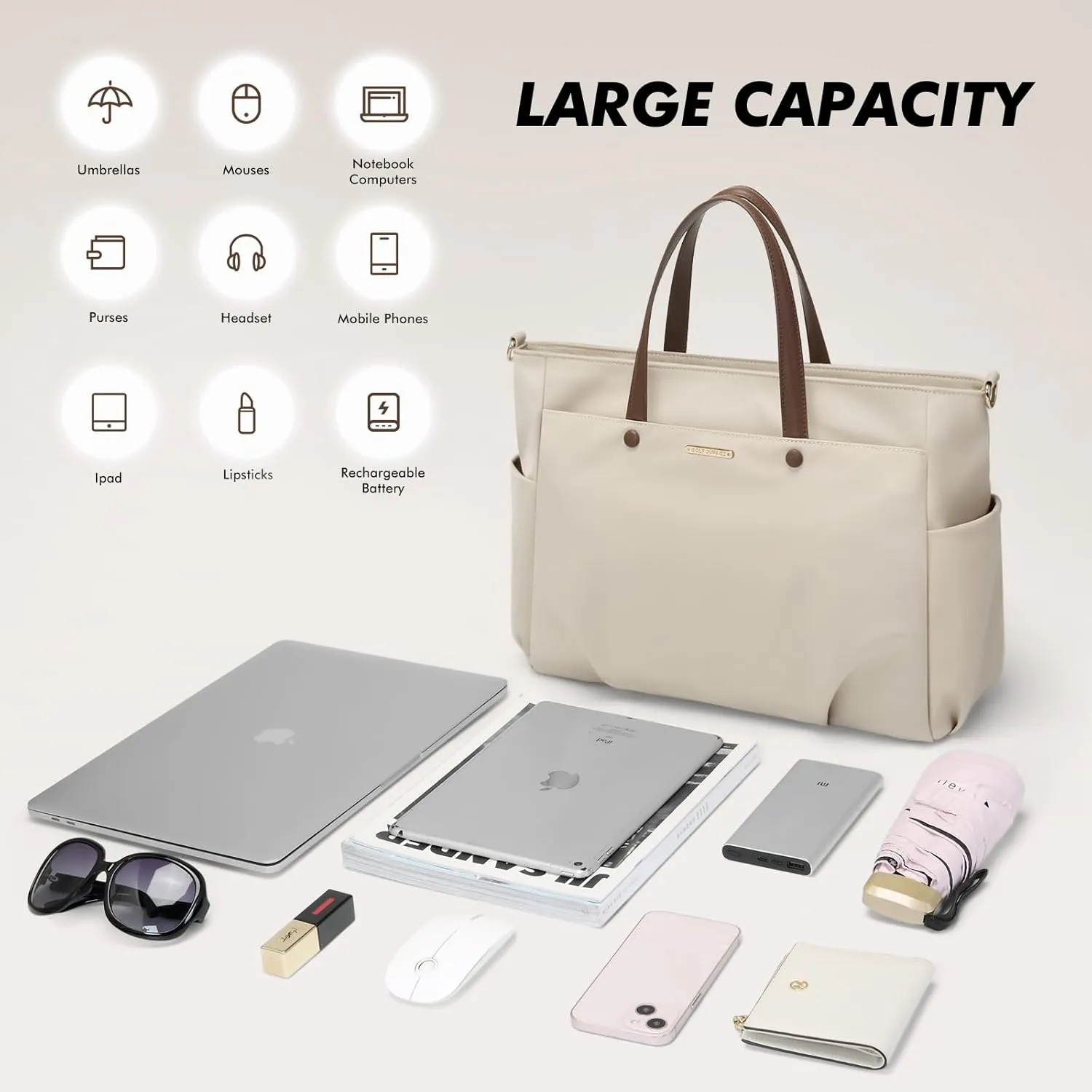Laptop Tote Bag 15 Inch, Computer Shoulder Bag Large Work Tote Bag for Women, Laptop Carrying Case Stylish Handbag for Business Travel (Apricot)
