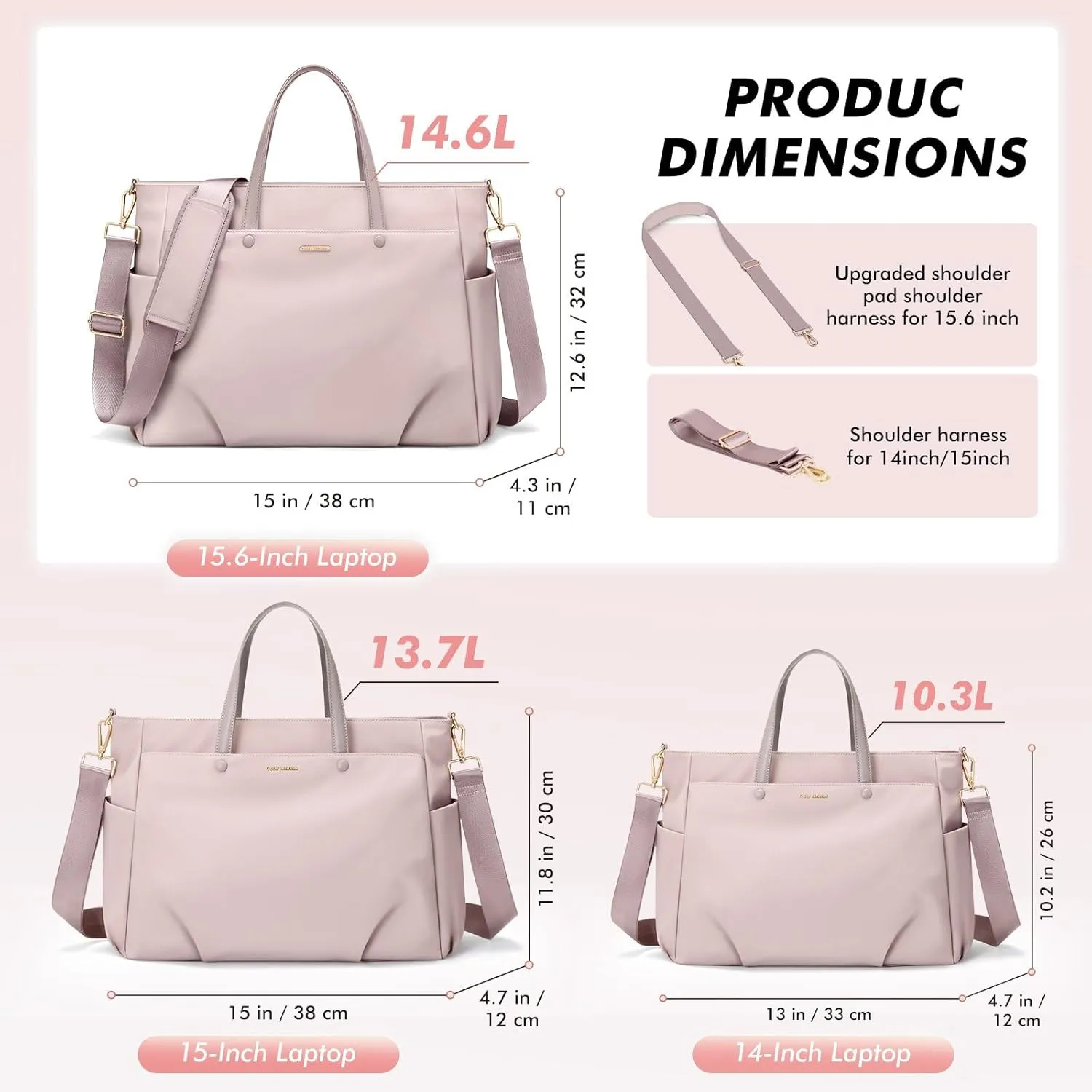 Laptop Tote Bag 15.6 Inch, Computer Shoulder Bag Large Work Tote Bag for Women, Laptop Carrying Case Stylish Handbag for Business Travel (Pinkish Grey)