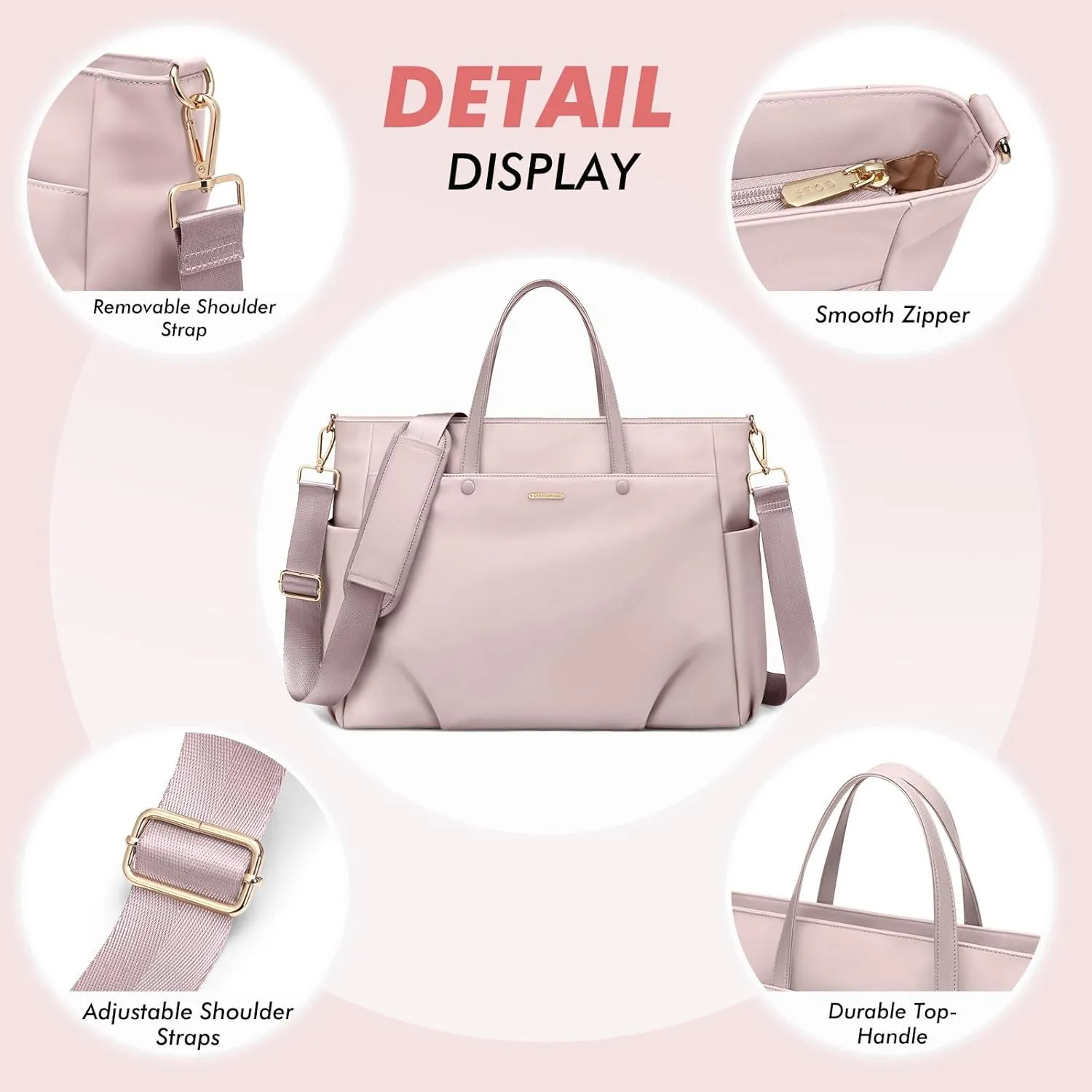Laptop Tote Bag 15.6 Inch, Computer Shoulder Bag Large Work Tote Bag for Women, Laptop Carrying Case Stylish Handbag for Business Travel (Pinkish Grey)