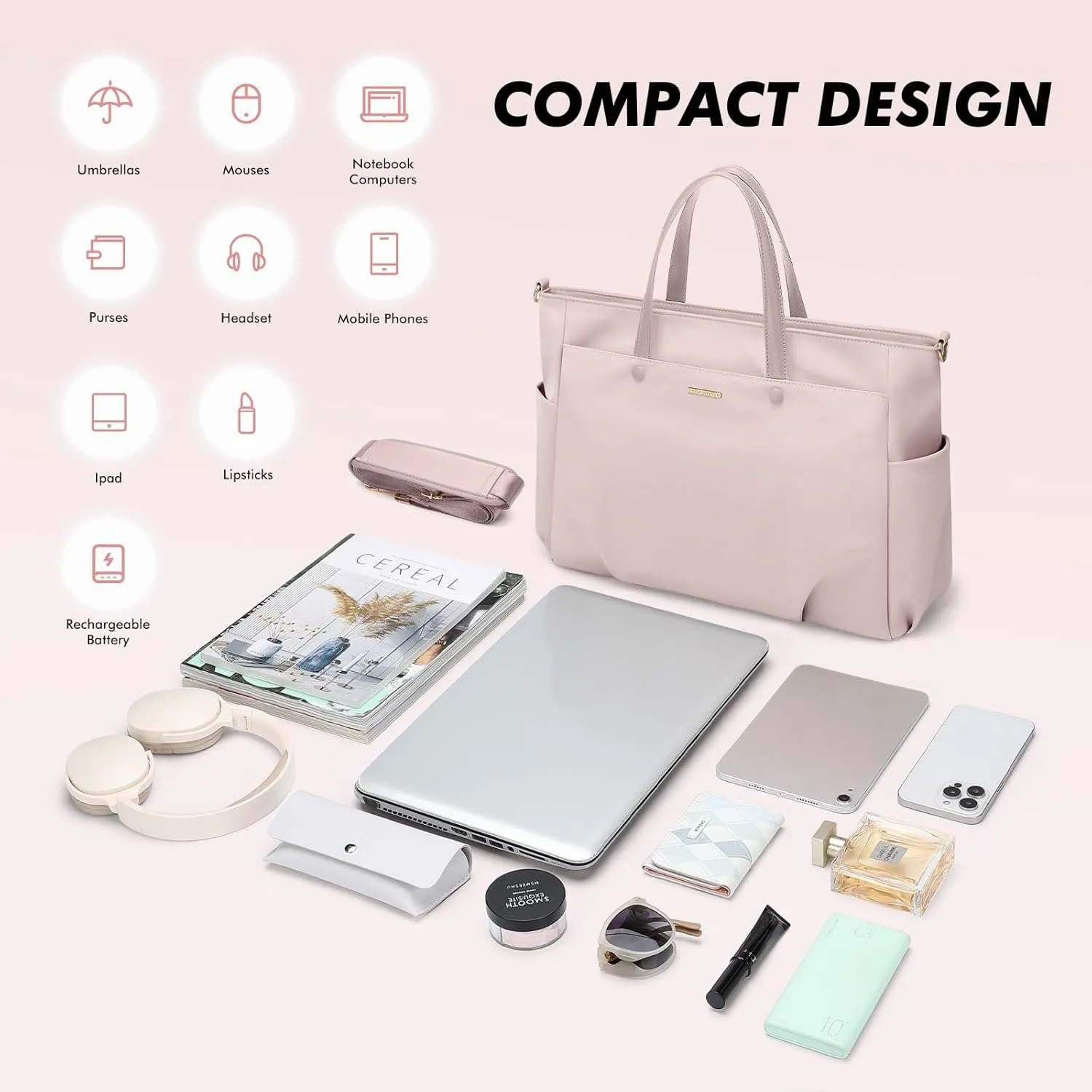 Laptop Tote Bag 15.6 Inch, Computer Shoulder Bag Large Work Tote Bag for Women, Laptop Carrying Case Stylish Handbag for Business Travel (Pinkish Grey)
