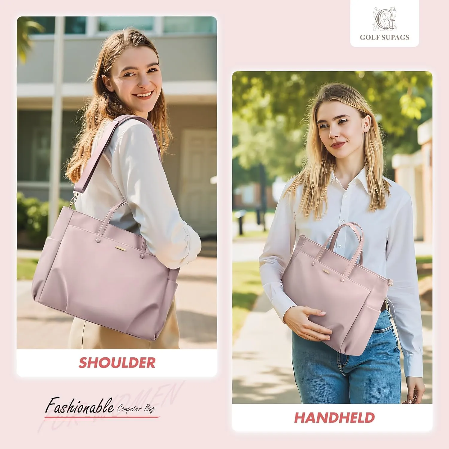 Laptop Tote Bag 15.6 Inch, Computer Shoulder Bag Large Work Tote Bag for Women, Laptop Carrying Case Stylish Handbag for Business Travel (Pinkish Grey)