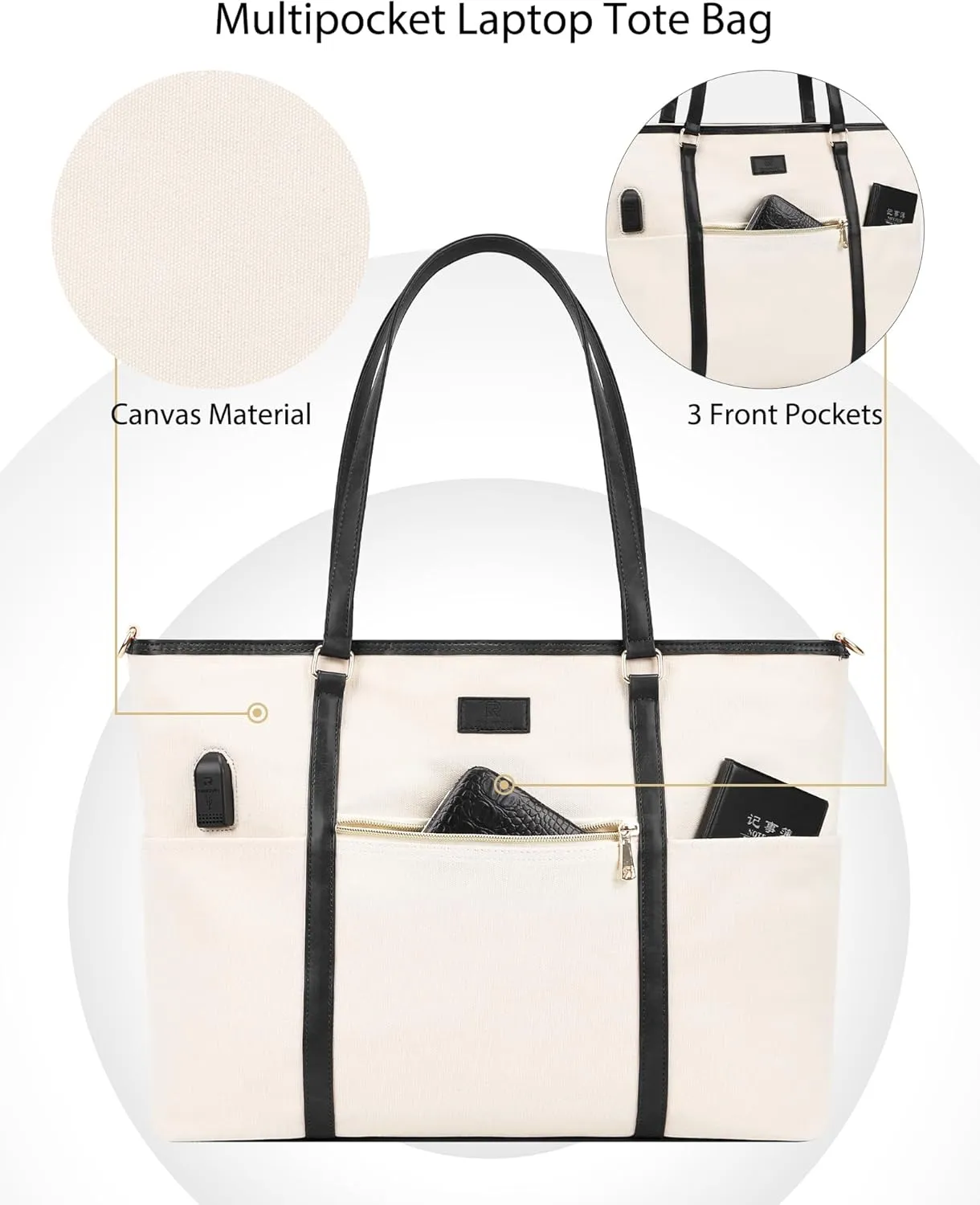 Laptop Tote Bag for Women 17 Inch Canvas Teacher Work Tote Bag with USB Charging Port Large Computer Bag Handbag Satchel Shoulder with Shoulder Straps
