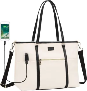 Laptop Tote Bag for Women 17 Inch Canvas Teacher Work Tote Bag with USB Charging Port Large Computer Bag Handbag Satchel Shoulder with Shoulder Straps
