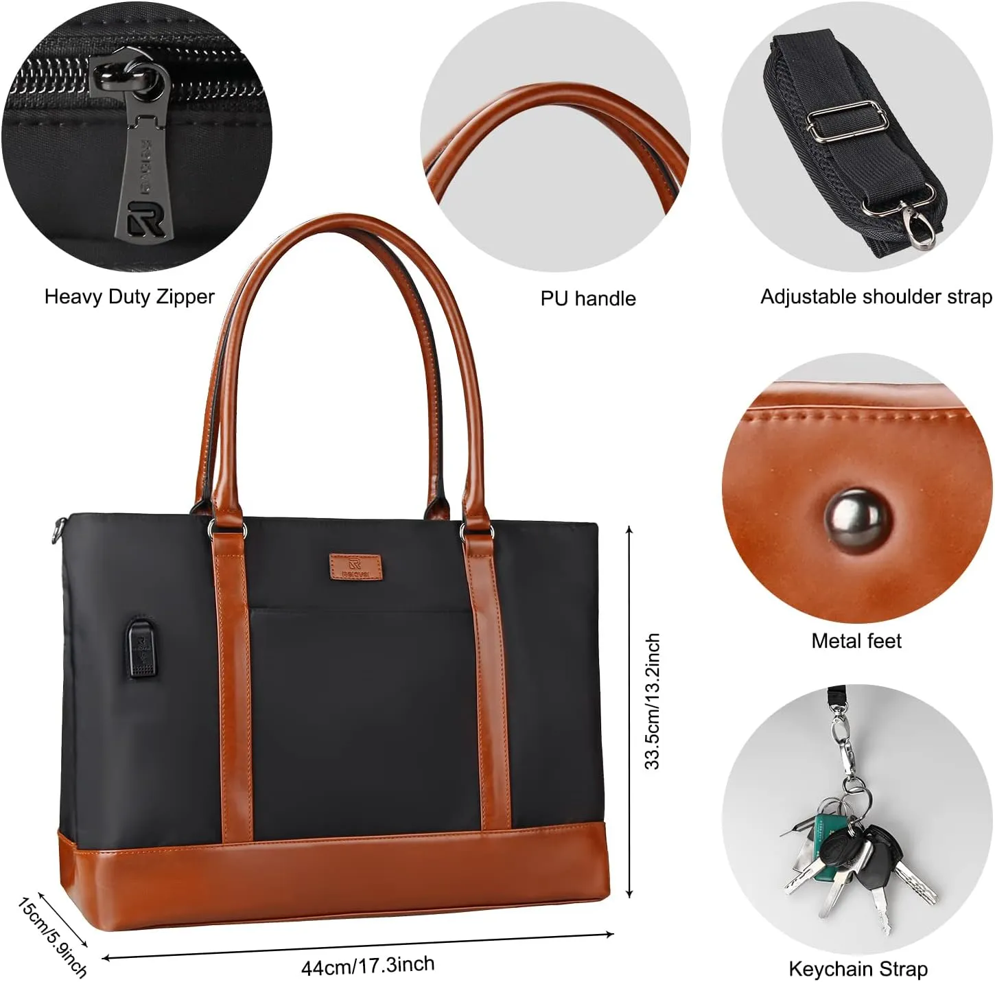 Laptop Tote Bag for Women 17.3 Inch Teacher Tote Bag Waterproof Work Bag with USB Large Handbag Satchel Shoulder Bag
