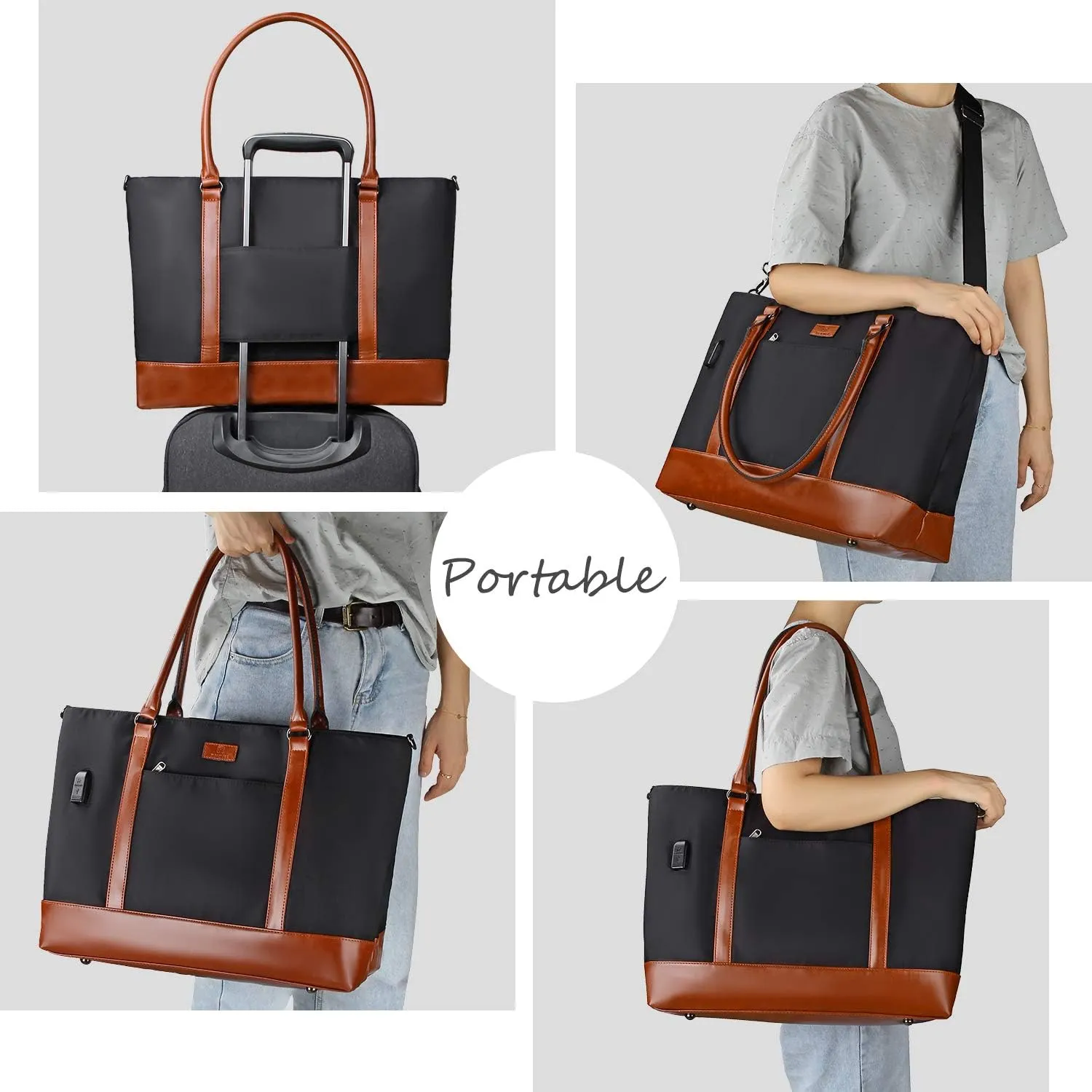 Laptop Tote Bag for Women 17.3 Inch Teacher Tote Bag Waterproof Work Bag with USB Large Handbag Satchel Shoulder Bag