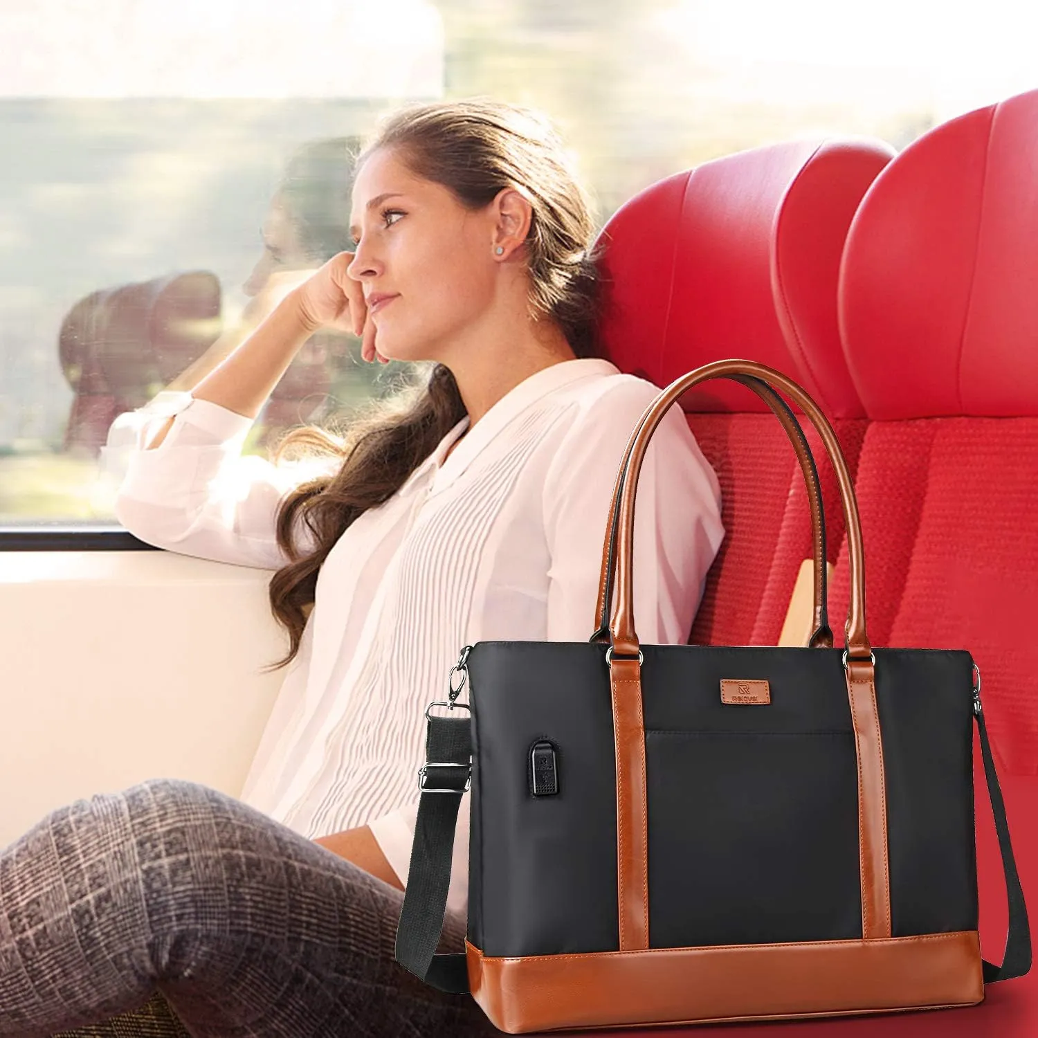 Laptop Tote Bag for Women 17.3 Inch Teacher Tote Bag Waterproof Work Bag with USB Large Handbag Satchel Shoulder Bag