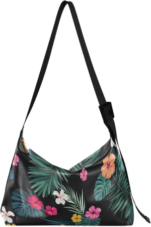 Large Crossbody Bag Tropical Flowers Exotic Leaves PU Leather Shoulder Bag for Women Girls