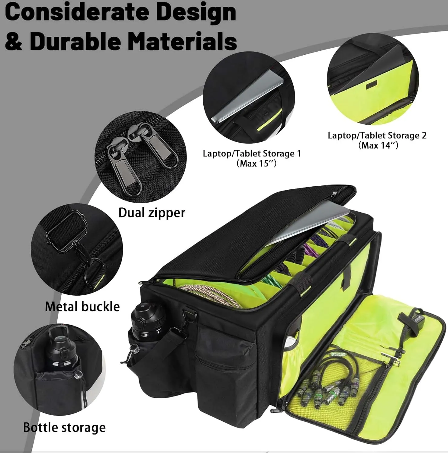 Large DJ Bag Built-in Sturdy Support Board, DJ cable bag with 9 Detachable Divider & Padded Shoulder Strap, gig bag for Professional DJ Gear, Musical Instrument and Accessories