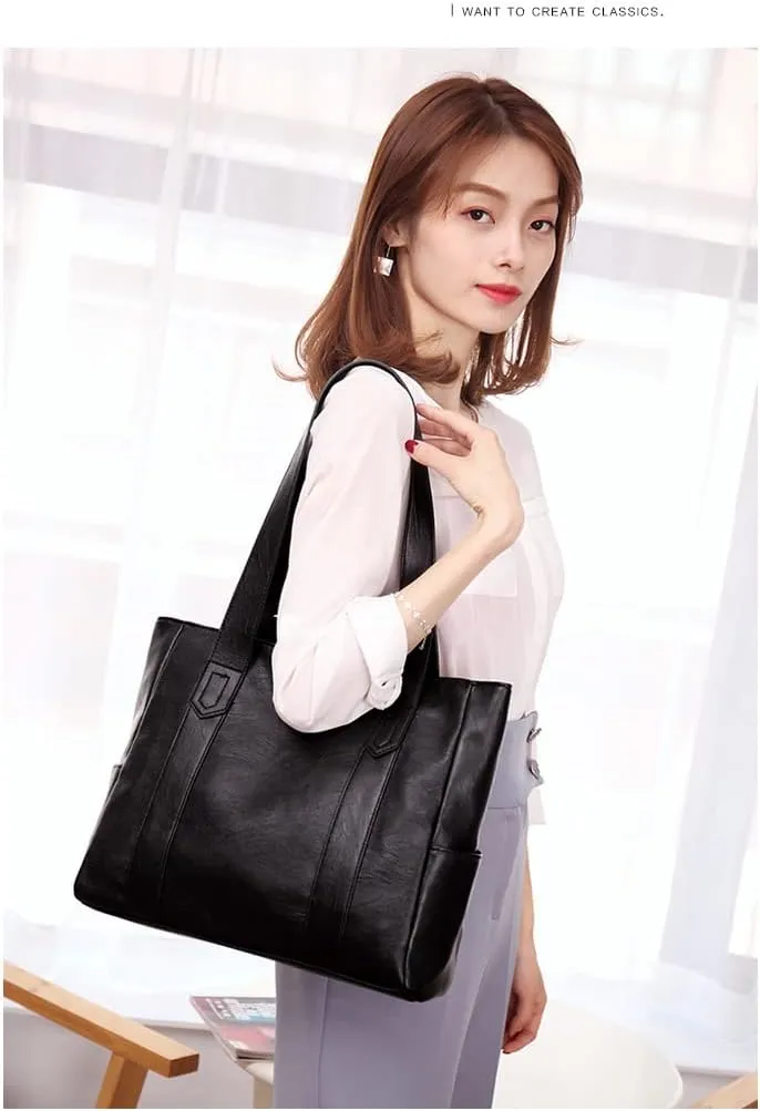 Large Leather Tote Bag for Women, Black Shoulder Handbag with Multiple Compartments, Laptop Work Bag
