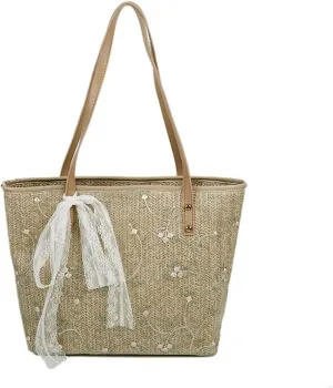 Large Straw Beach Tote Bag for Women, Summer Hand-woven Shoulder Bag Handbag with PU Leather Handle and Cute White Lace Bow