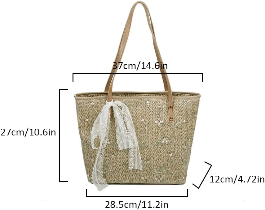 Large Straw Beach Tote Bag for Women, Summer Hand-woven Shoulder Bag Handbag with PU Leather Handle and Cute White Lace Bow