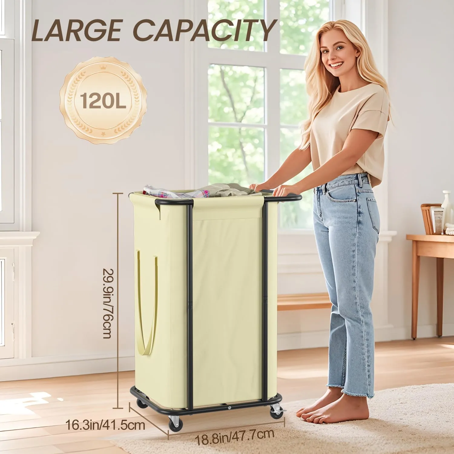 LASZOLA 120L Rolling Large Laundry Hamper Basket with Wheels, Dirty Clothes Hamper with Removable Canvas Bag, Heavy Duty Sturdy Metal Modern Laundry Cart for Bathroom, Laundry Room, Bedroom, Beige