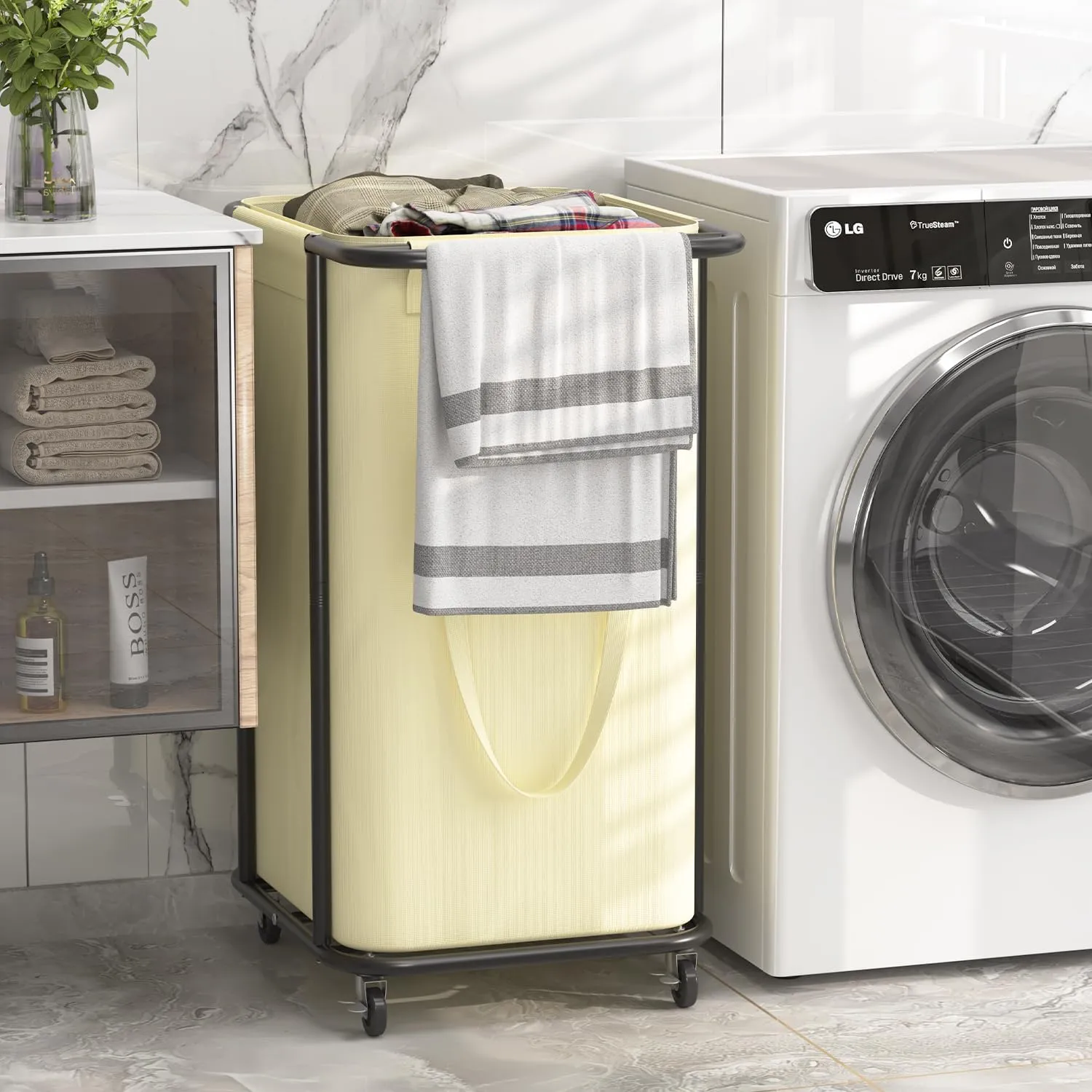 LASZOLA 120L Rolling Large Laundry Hamper Basket with Wheels, Dirty Clothes Hamper with Removable Canvas Bag, Heavy Duty Sturdy Metal Modern Laundry Cart for Bathroom, Laundry Room, Bedroom, Beige
