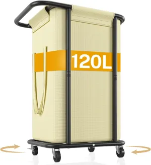 LASZOLA 120L Rolling Large Laundry Hamper Basket with Wheels, Dirty Clothes Hamper with Removable Canvas Bag, Heavy Duty Sturdy Metal Modern Laundry Cart for Bathroom, Laundry Room, Bedroom, Beige