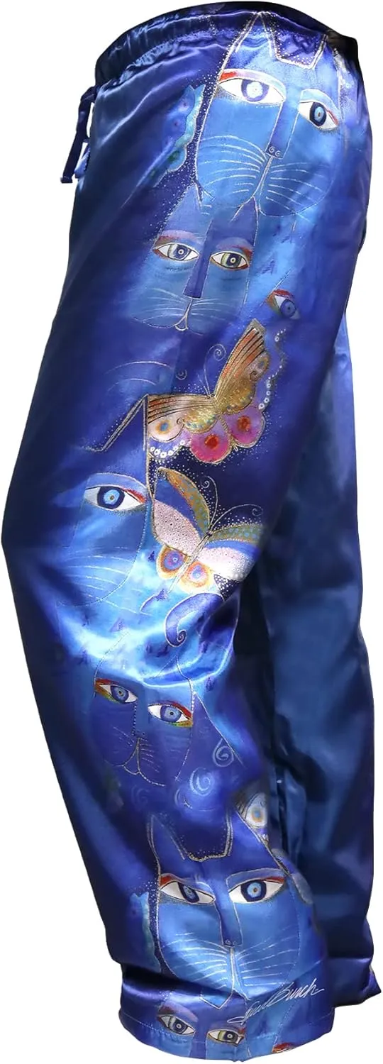 Laurel Burch Indigo Cats Pajama Pants, Cat Print Lounge Pants Ideal for Cat Lovers, Comfy Pajamas with Animal Print Design for Men and Women, High Waist PJ Pants with Drawstring Closure, Medium