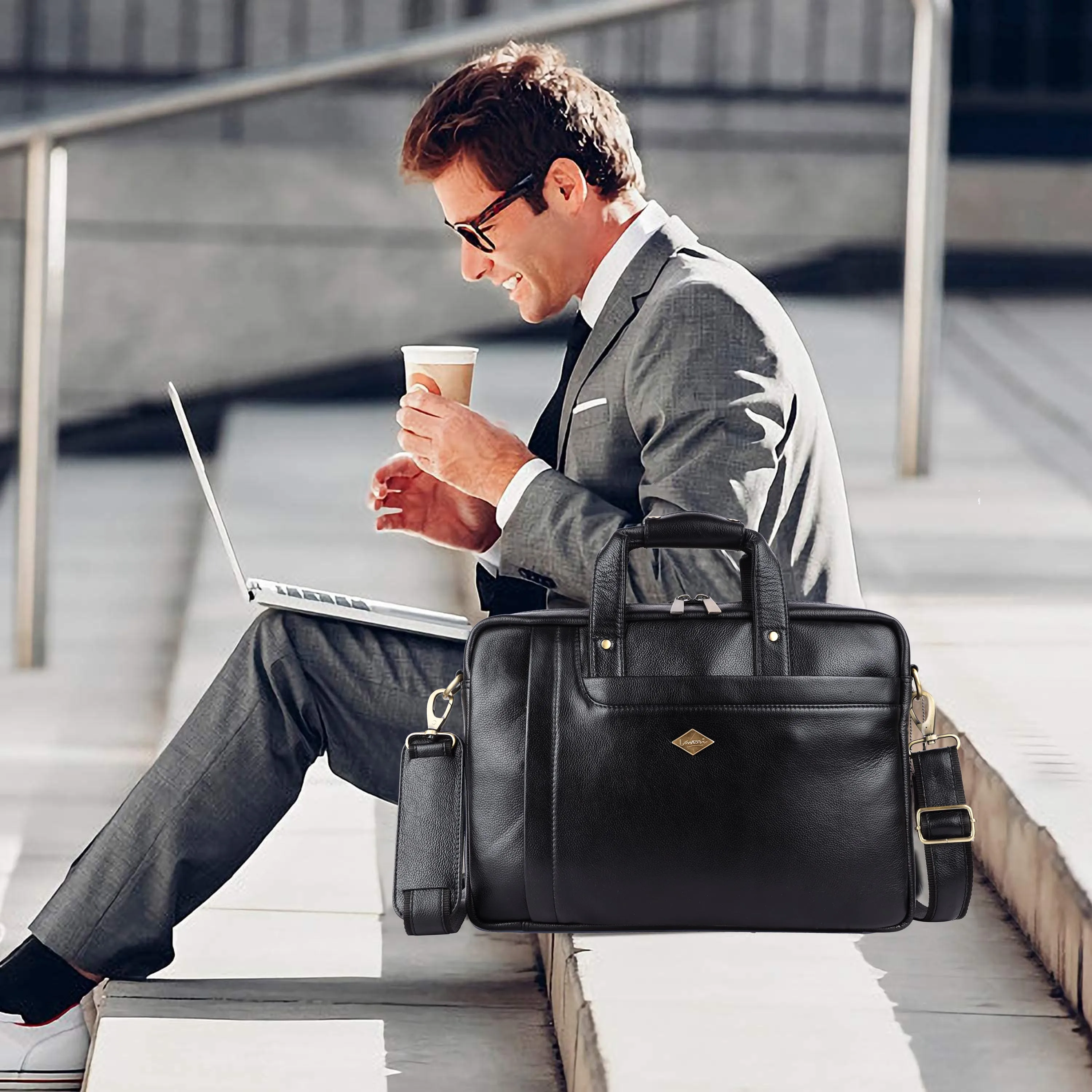 Laveri® Genuine Leather Laptop Messenger bag #2866 Black
