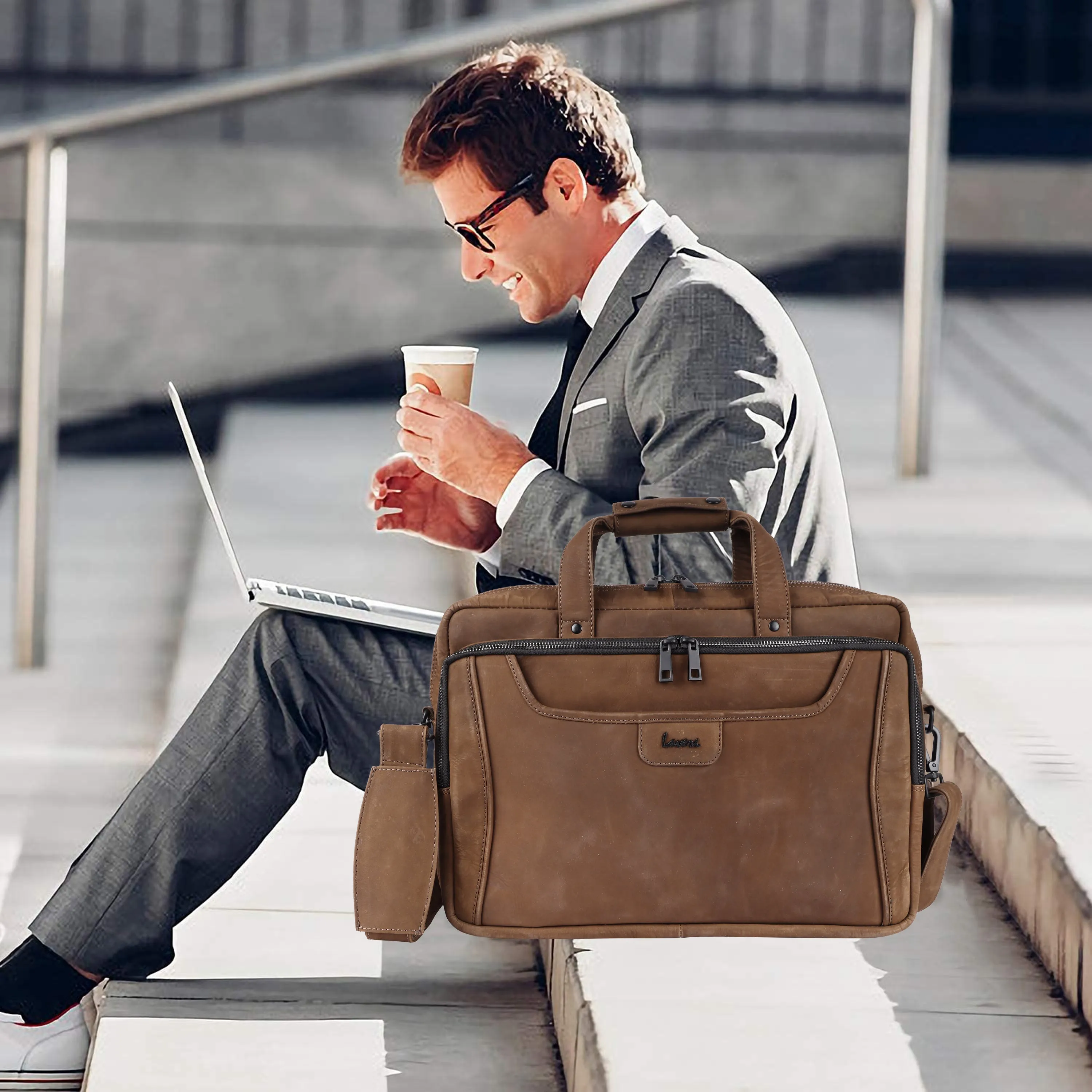 Laveri Genuine Leather Office Laptop Bag (BRN-HUNTER)