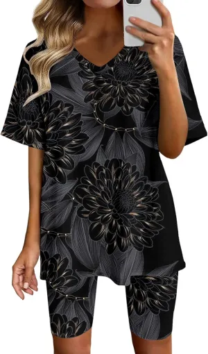 LCMTWX Workout Sets For Women Two Piece Outfits For Women Short Sleeve Casual Biker Shorts Set Workout Sets For Women