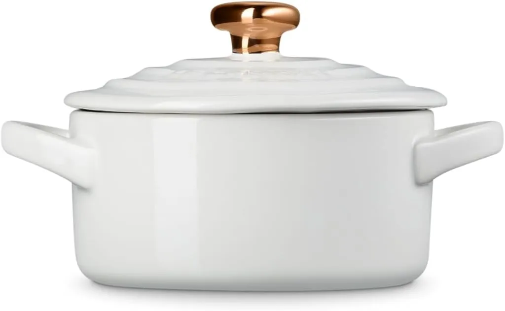 Le Creuset Stoneware Mini Round Cocotte, 8oz., White with Gold Heart Knob