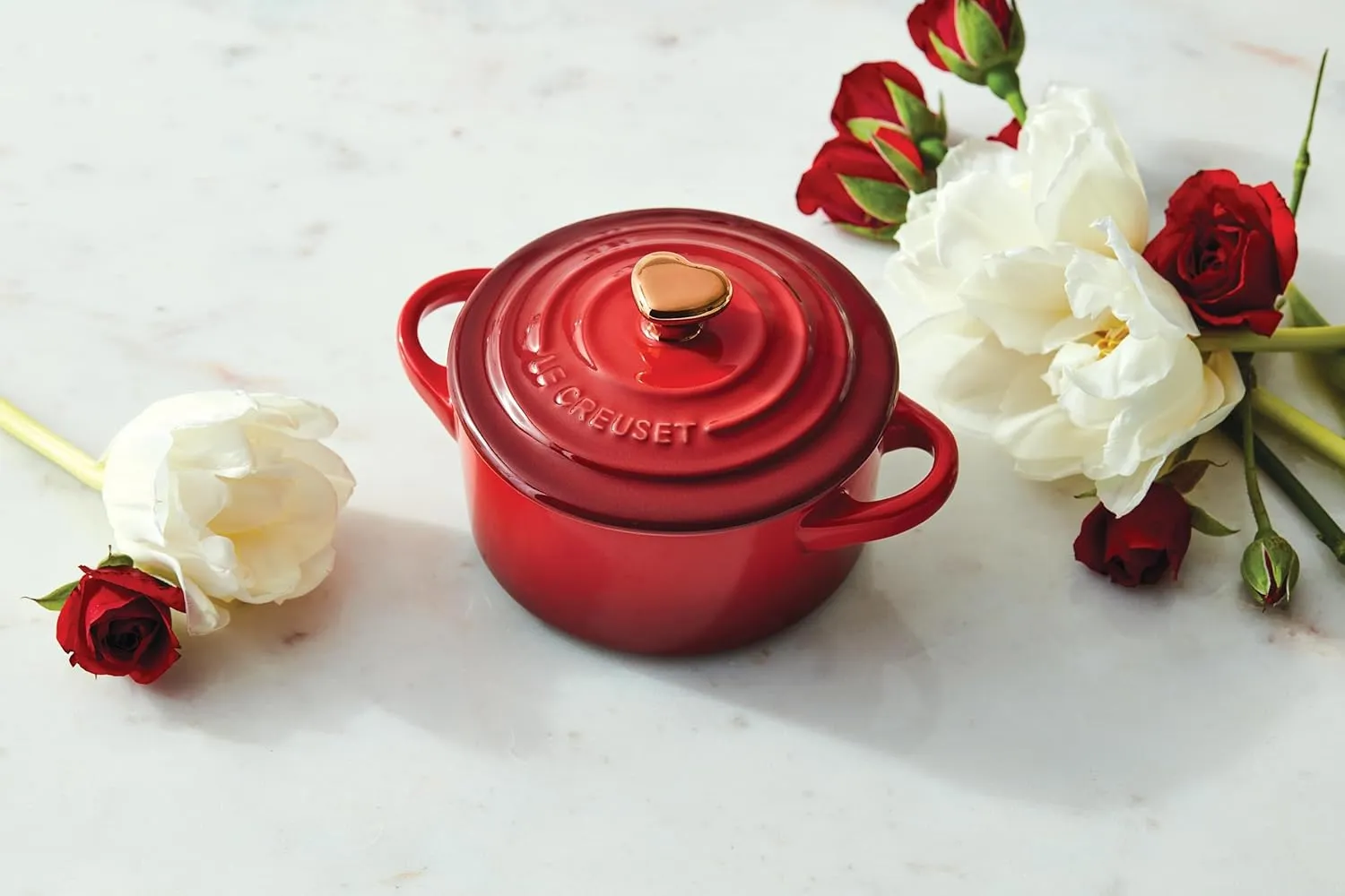 Le Creuset Stoneware Mini Round Cocotte, 8oz., White with Gold Heart Knob