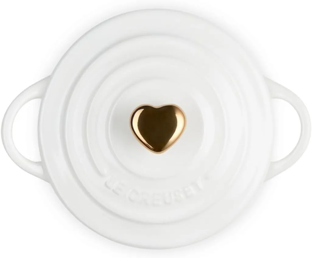 Le Creuset Stoneware Mini Round Cocotte, 8oz., White with Gold Heart Knob