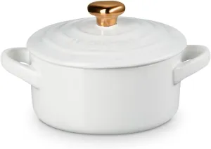 Le Creuset Stoneware Mini Round Cocotte, 8oz., White with Gold Heart Knob