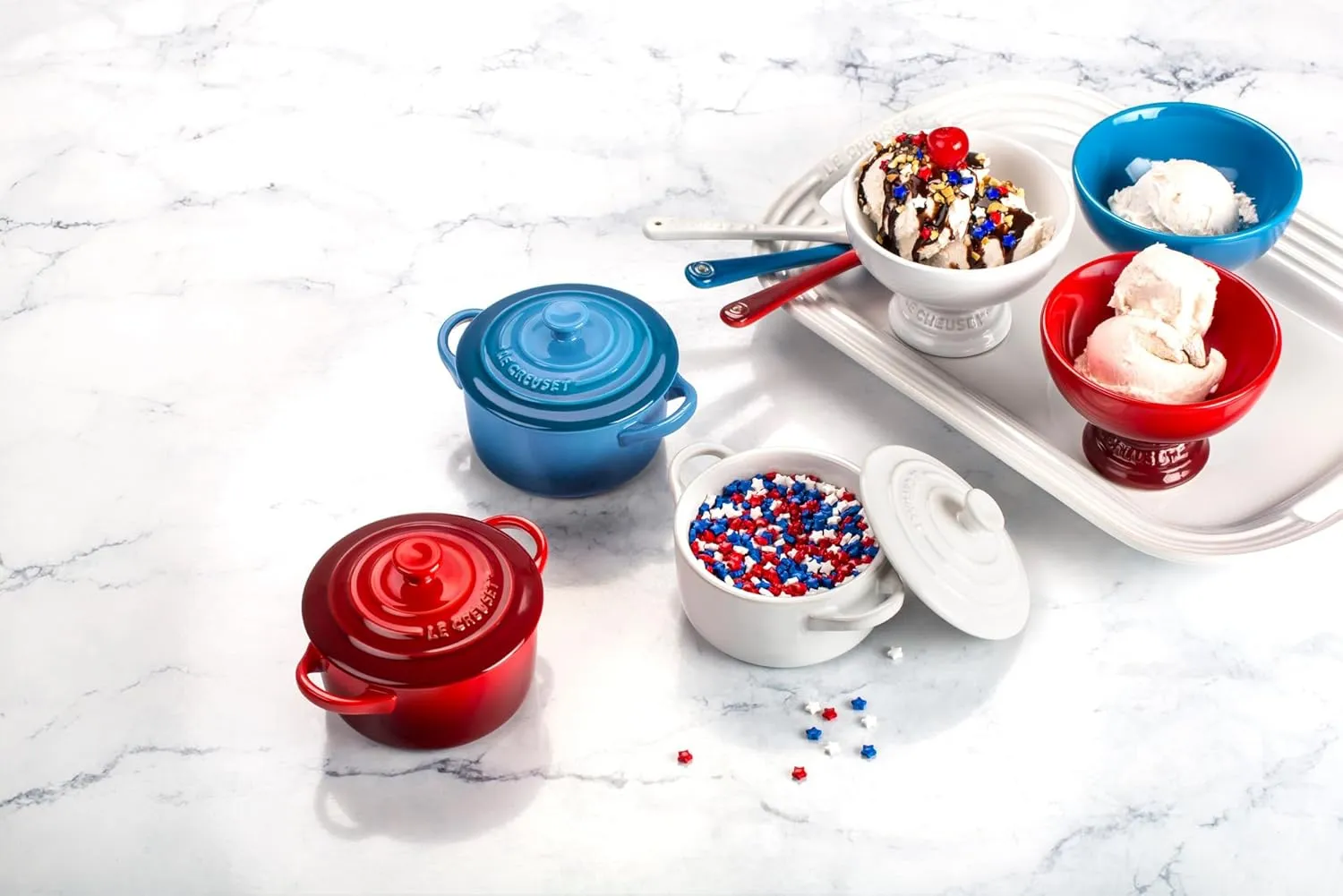 Le Creuset Stoneware Set of 4 Mini Cocottes with Cookbook, 8 oz. each, Marseille