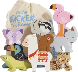 Le Toy Van - Wooden Andes Stacking & Bag - Petilou Forest Building Blocks Stacker & Bag - Educational Balancing Activity Toy for Kids Age 18 Months   - Tropical Animal Blocks