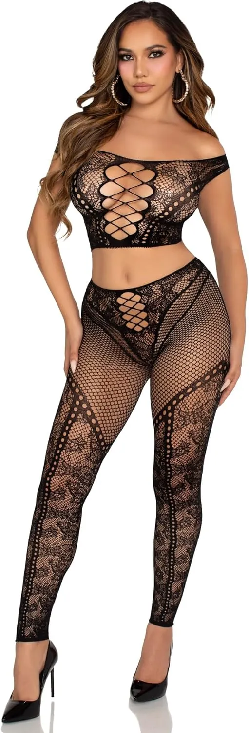 Leg Avenue womens 2 Pc Net and Lace Off-the-shoulder Crop Top and Footless Tights