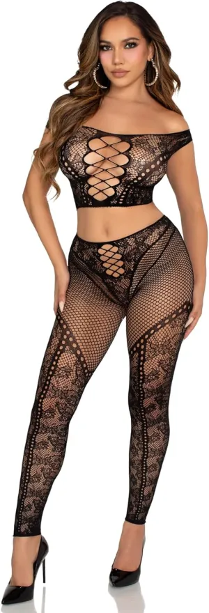 Leg Avenue womens 2 Pc Net and Lace Off-the-shoulder Crop Top and Footless Tights