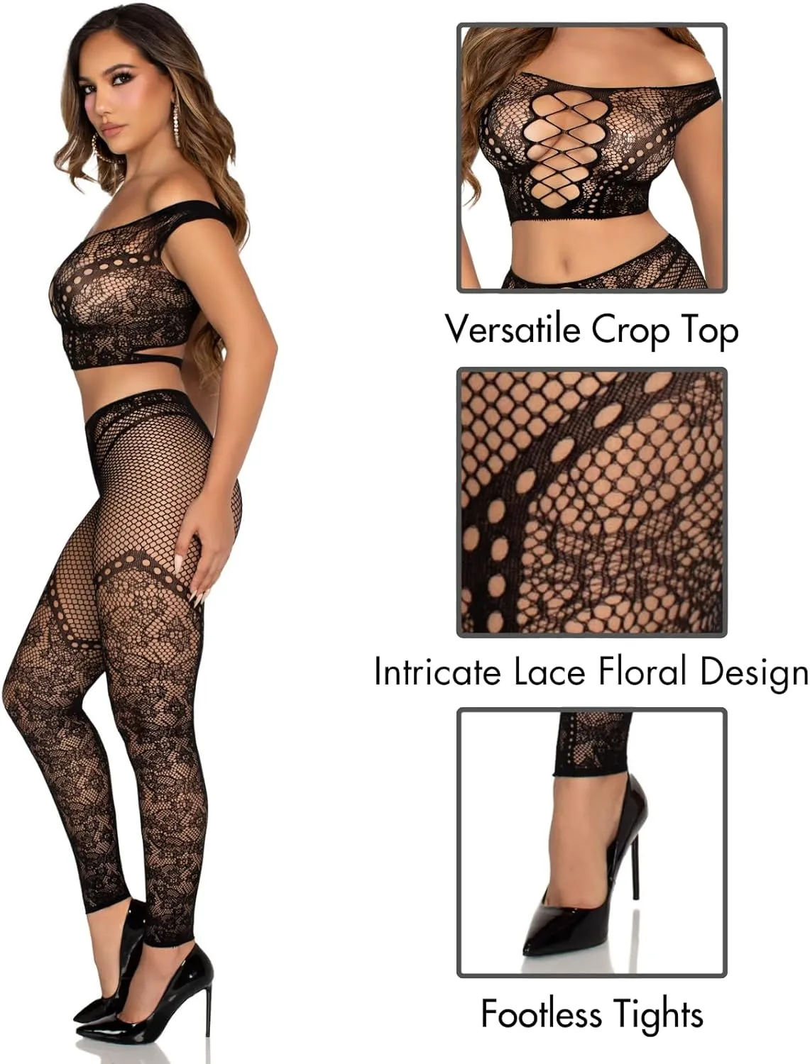 Leg Avenue womens 2 Pc Net and Lace Off-the-shoulder Crop Top and Footless Tights