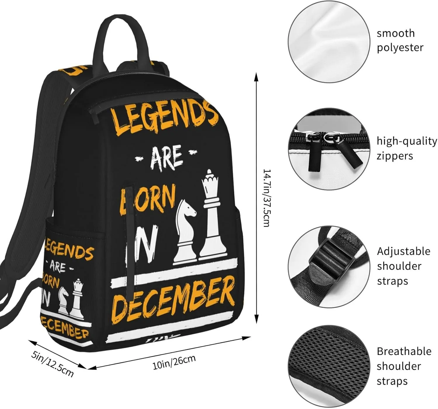 Legends Are Born In December Chess Casual Backpacks Large Capacity Laptop Backpack Sports Rucksack Travel Daypack Adjustable Shoulder Strap Work Bag for Outdoor Camping